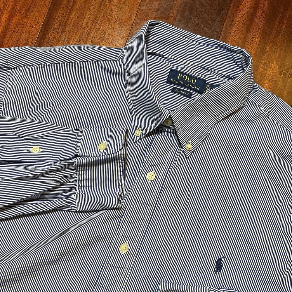 Polo Ralph Lauren Shirt Mens 2XL XXL 18.5 Blue Striped Long Sleeve Button Down